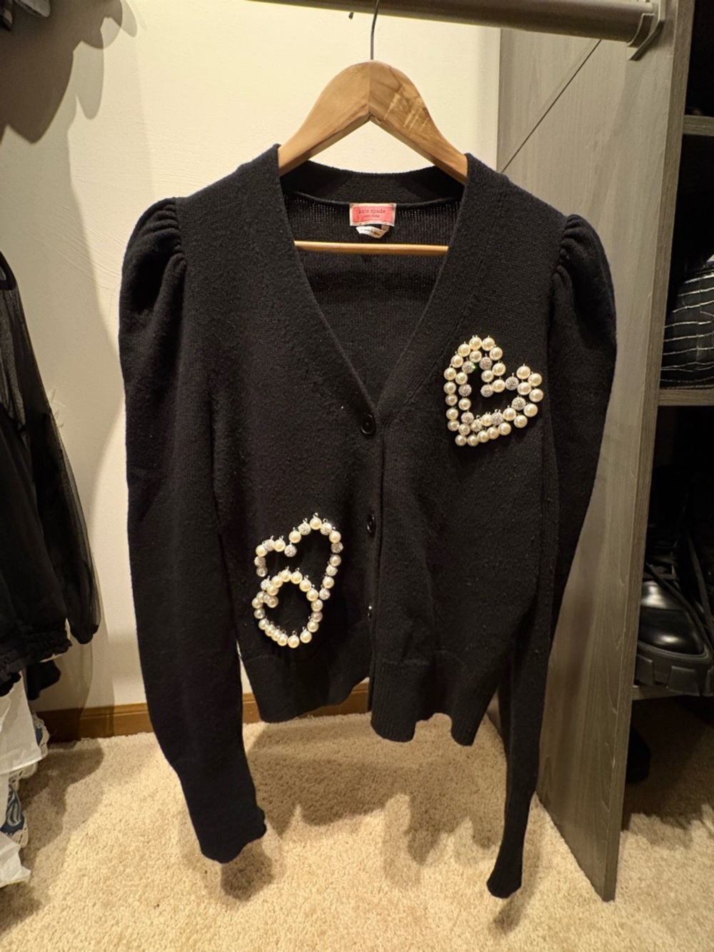 kate spade Black V-Neck Cardigan with Pearl Heart Appliqués